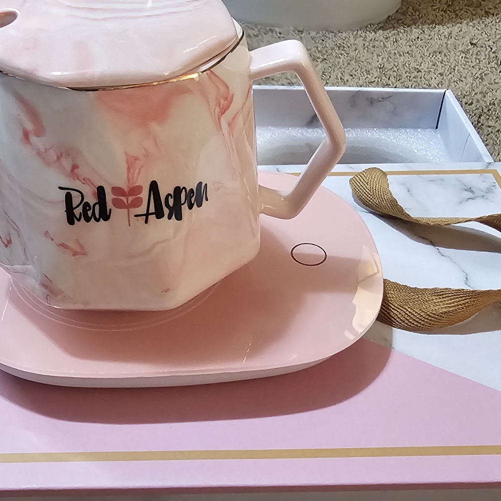 Pink Marble Ceramic Mug with Saucer